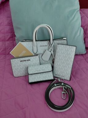 Michael Kors White Monogram Satchel Set with Wallets and Strap
